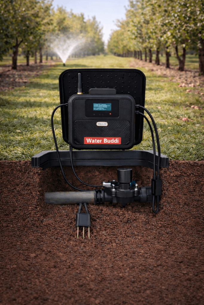 Water Buddi system in orchard with sprinklers