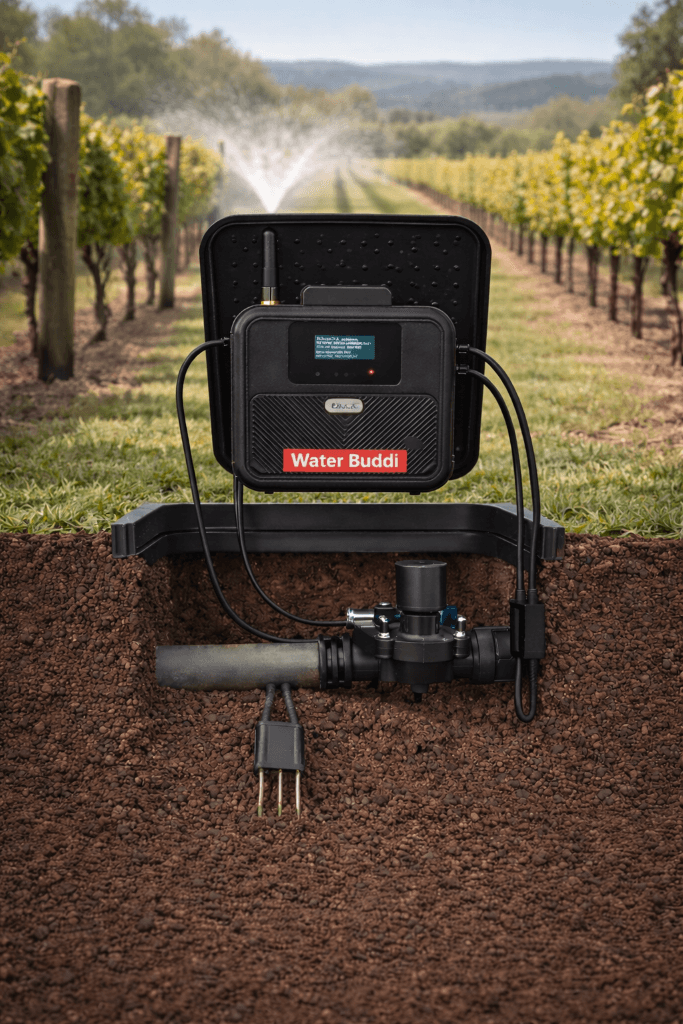 Water Buddi system in vineyard with sprinklers